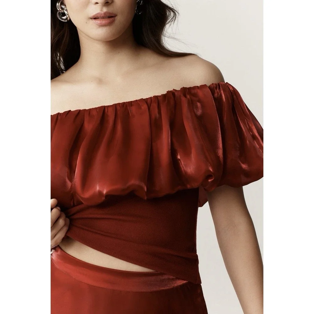 ANTHROPOLOGIE Blnk LONDON New Flattering OffShoulder SMALL Bubble Top Blouse Red - Picture 7 of 15